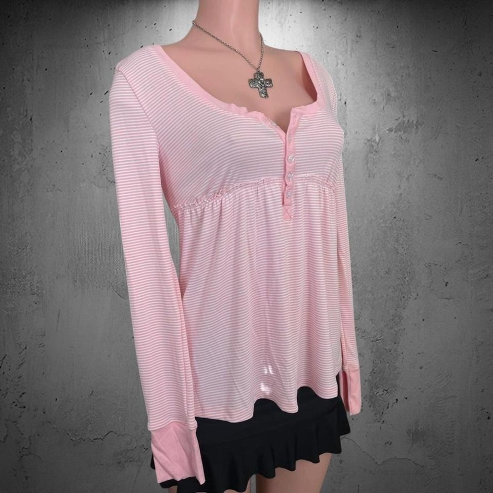 Pink Striped Empire Waist Henley Long Sleeve Button Detail Soft Stretchy Top M - Picture 3 of 8